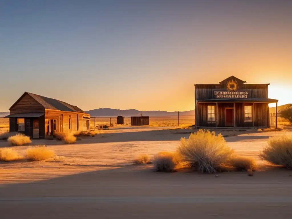 El sol se pone detrás de Fairbank Viejo Oeste, revelando secretos perdidos entre edificios abandonados y una atmósfera misteriosa.