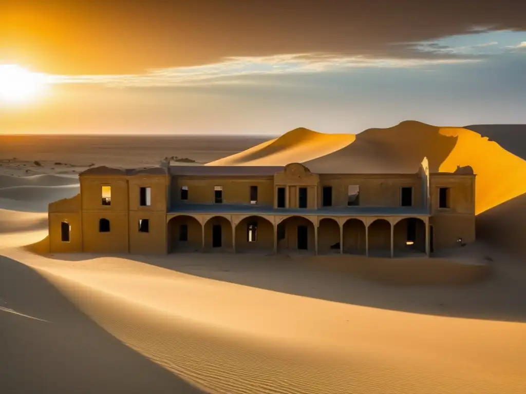 Atardecer dorado en Kolmanskop: belleza abandonada El sol se pone sobre Kolmanskop, ciudad fantasma de diamantes, bañando las ruinas en una luz dorada y revelando su belleza fantasmal.