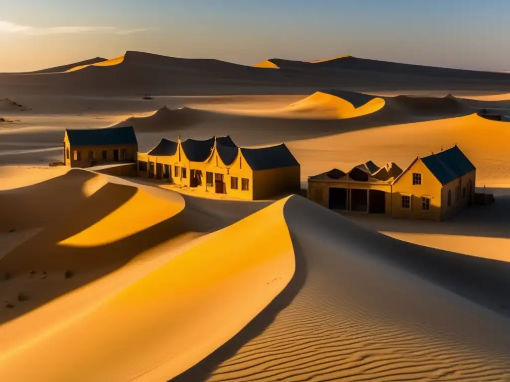 El atardecer dorado sobre Kolmanskop: una escena deslumbrante y evocadora El sol se pone sobre los edificios abandonados de Kolmanskop, creando un escenario misterioso en la ciudad fantasma.