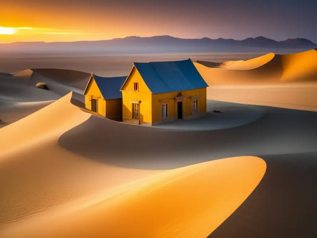 El sol se pone sobre Kolmanskop, una ciudad fantasma en el desierto namibio, creando sombras dramáticas en las ruinas.