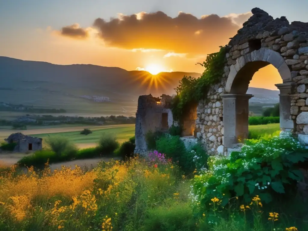 El sol se pone sobre el pueblo abandonado de Kayaköy, iluminando las ruinas en tonos dorados. <b>La escena transmite melancolía y belleza.