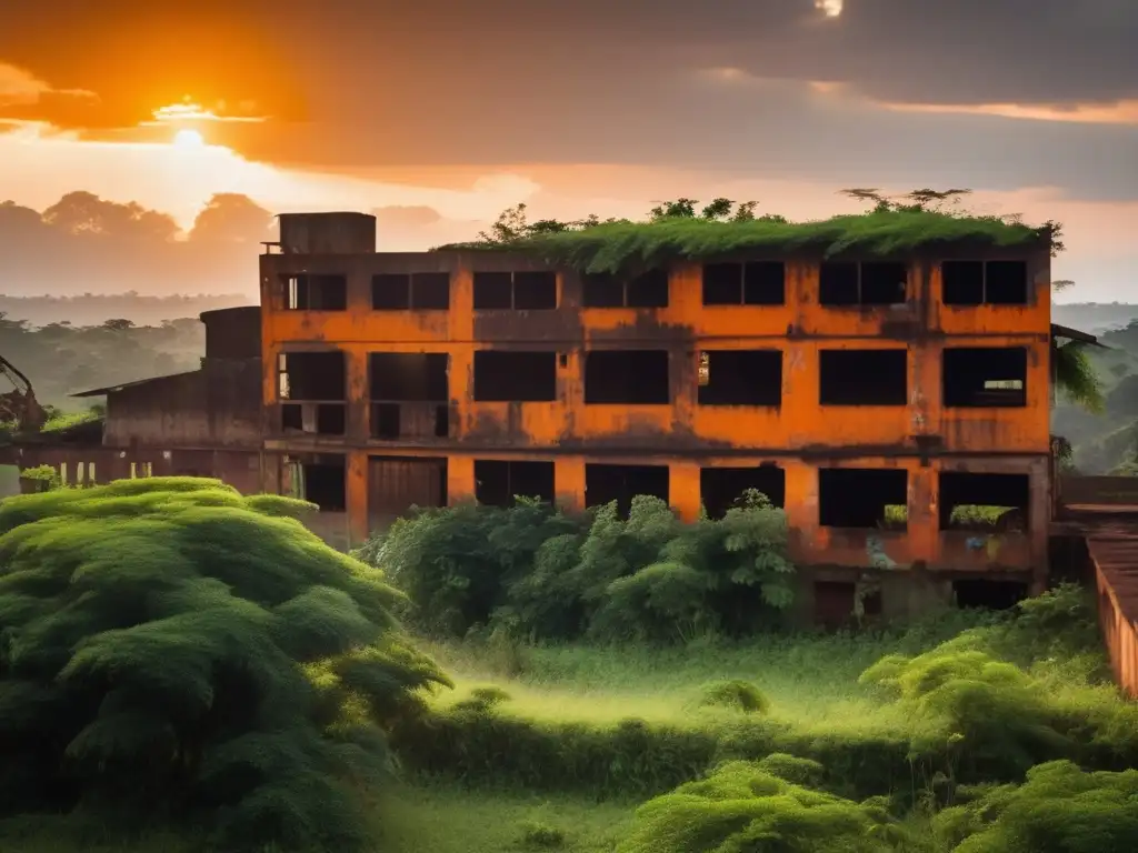 El sol se pone sobre las ruinas industriales en Jinja, Uganda, evocando nostalgia y el paso del tiempo. <b>La vegetación reclama la ciudad.