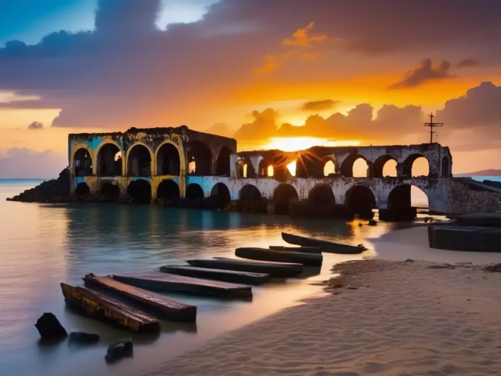 El sol se pone sobre las ruinas del puerto de Coro en Venezuela, creando una atmósfera cálida y nostálgica. <b>Ruinas de Coro puerto Venezuela.