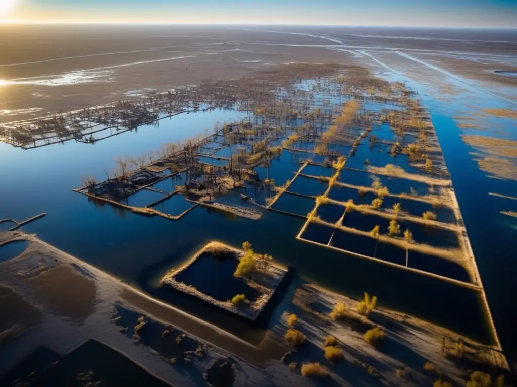 El sol proyecta sombras sobre la ciudad sumergida de Epecuén, evocando una atmósfera surrealista. <b>Resurgimiento de Epecuén ciudad sumergida.