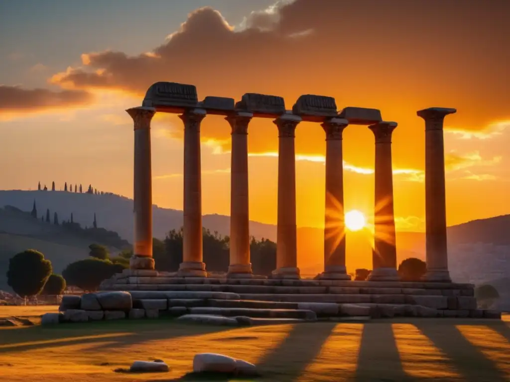 El sol se pone tras el Templo de Artemisa Éfeso abandonado, bañando las antiguas columnas en una cálida luz dorada. <b>Una imagen impresionante.