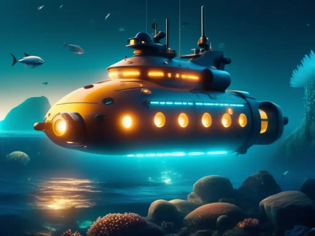 Exploración submarina con tecnología de escaneo 360, inmersión en misterio bajo el mar con criaturas bioluminiscentes y formaciones rocosas.