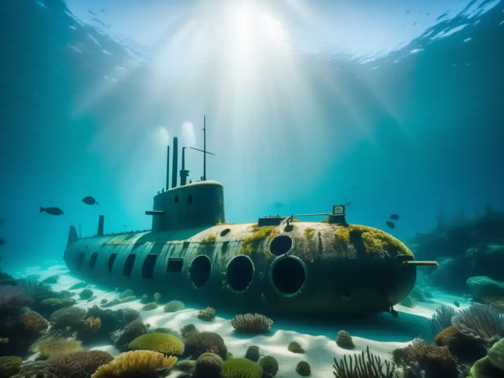 Un submarino de la Segunda Guerra Mundial reposa en el fondo marino, rodeado de agua azul verdosa, iluminado por la luz solar filtrada. <b>Cubierto de vida marina, este lugar abandonado captura la belleza y la historia de los submarinos hundidos.</b> Submarinos hundidos lugares abandonados