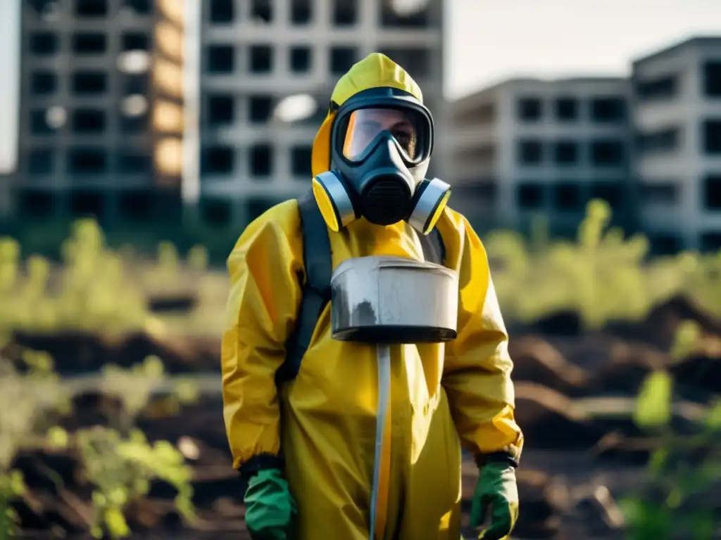 Un superviviente en traje de protección contra riesgos biológicos urbanos, cauteloso ante el paisaje urbano desolado y cubierto de vegetación.