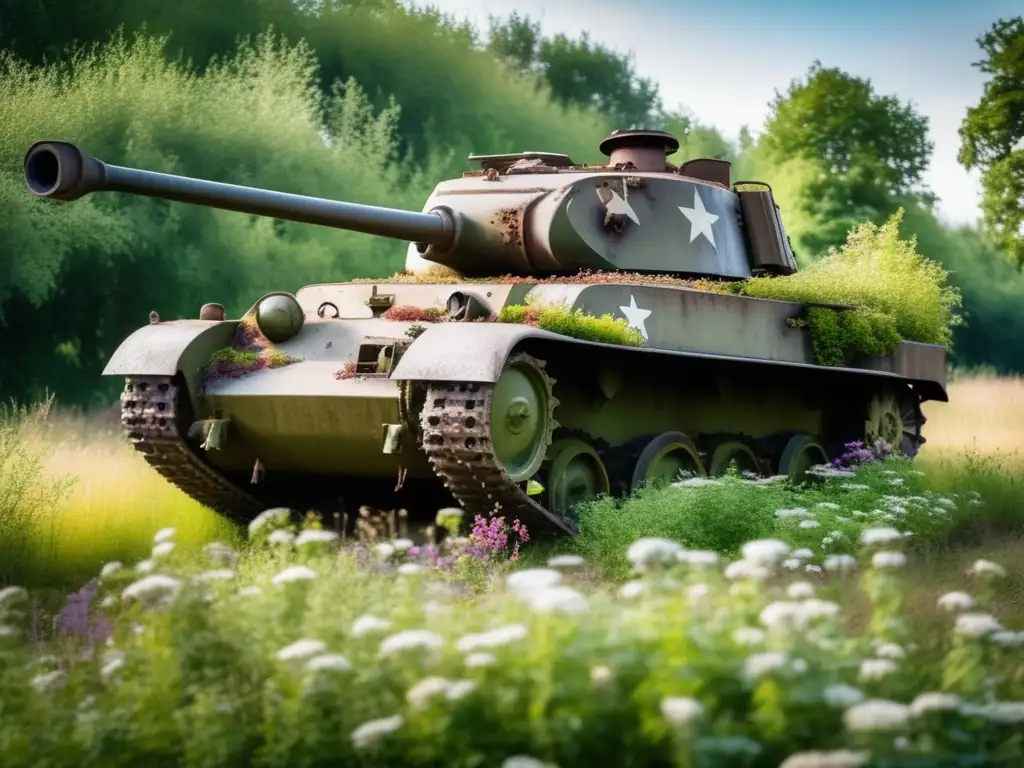 Un tanque de la Segunda Guerra Mundial cubierto de follaje en un cementerio de guerra europeo. Monumentos abandonados en cementerios de guerra.