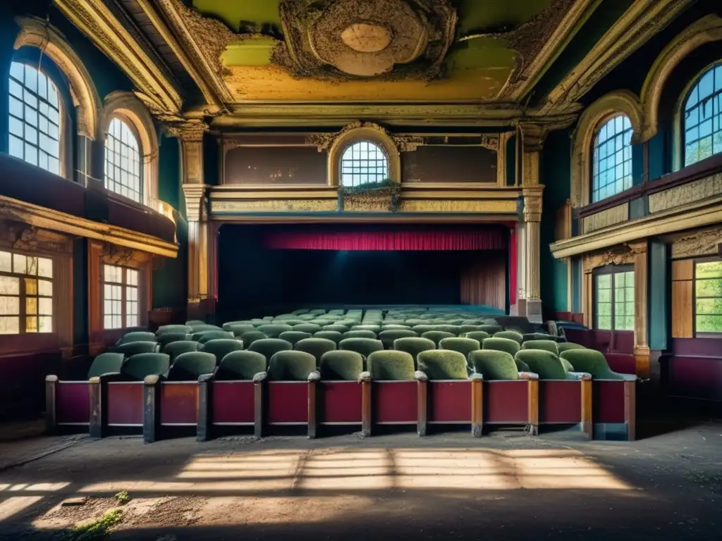 Un teatro abandonado con arquitectura ornamental en ruinas, taquillas y carteles descoloridos. <b>La luz solar crea sombras dramáticas en el interior.</b> <b>Atmosfera nostálgica y misteriosa.</b> Teatros y cines abandonados.