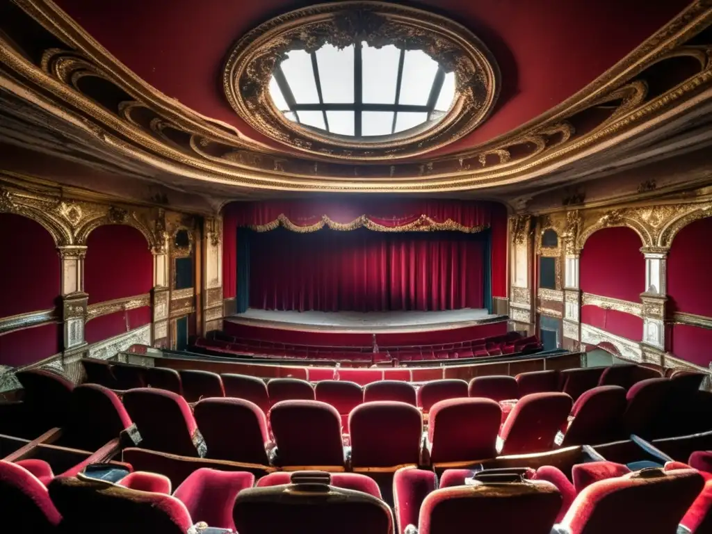 Un teatro abandonado con asientos de terciopelo rojo desgastados y detalles arquitectónicos. <b>La luz solar crea sombras dramáticas en el escenario.</b> Evoca nostalgia y la historia de 'Teatros y cines abandonados'.