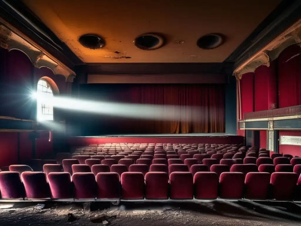 Un teatro abandonado con asientos de terciopelo rojo desgastados, paredes agrietadas y un rayo de luz que ilumina el espacio. <b>Polvo suspendido en el aire, escenario vacío con cortinas raídas.</b> La atmósfera evoca la tristeza de teatros y cines