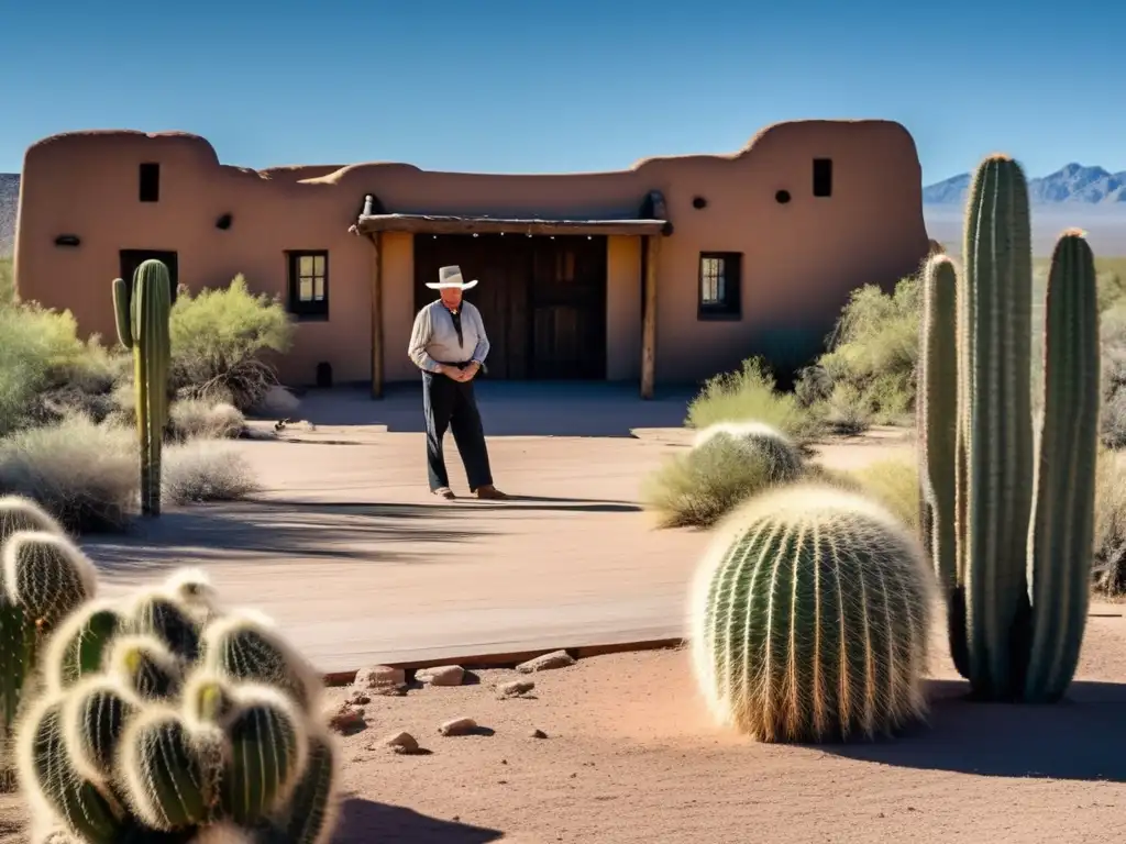 Un teatro en el desierto de Shakespeare, escenario de madera, mesas áridas y cielo azul. <b>Actor en soliloquio ante cactos y matorrales.