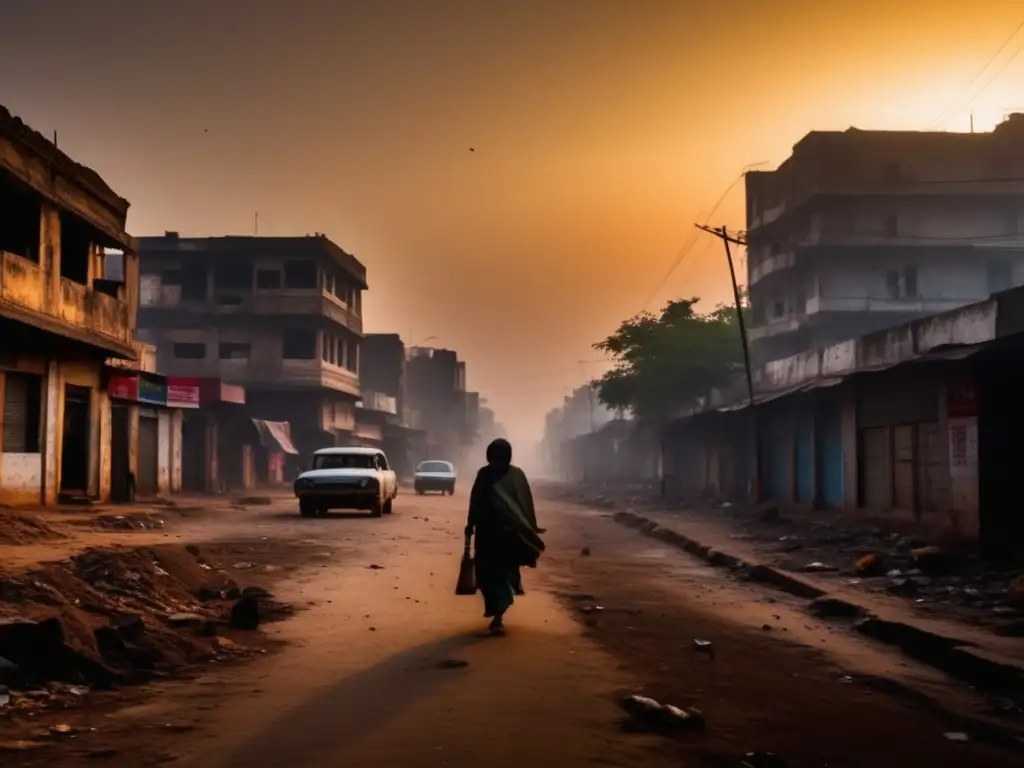 Un terrorífico y desolado paisaje nocturno en Bhopal, India, tras el desastre químico. <b>Un figura solitaria con máscara de gas camina entre edificios en ruinas.