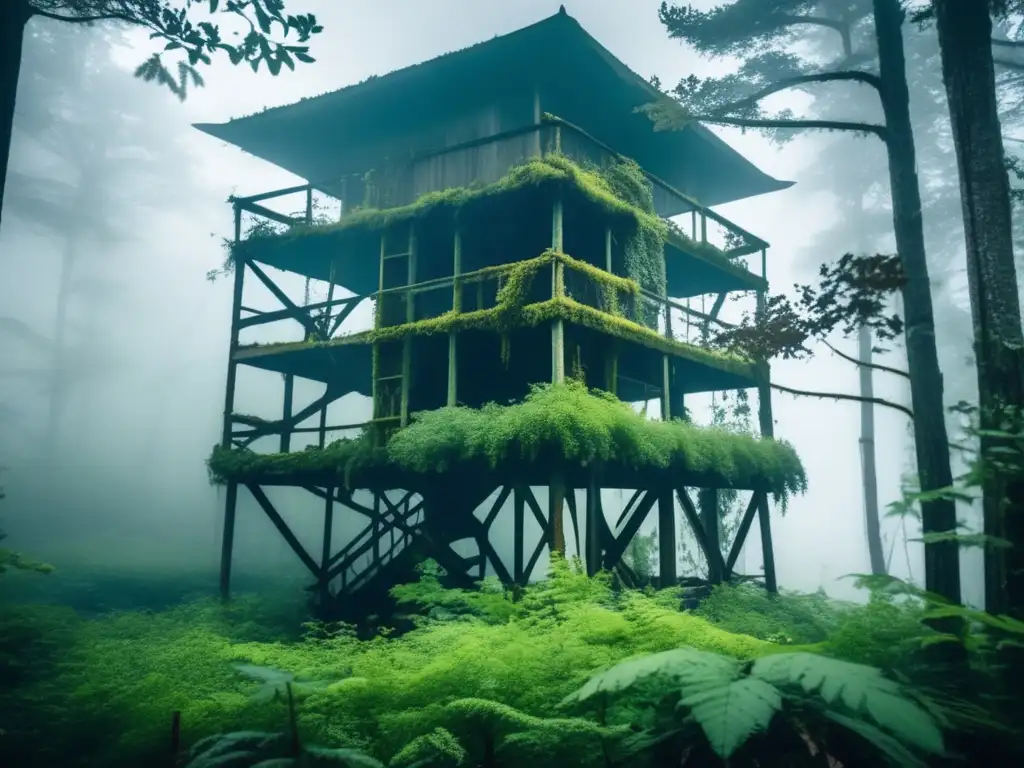 Una torre de observación abandonada se yergue entre un denso bosque, cubierta de musgo y enredaderas, con ventanas rotas y vigas oxidadas. La niebla crea una atmósfera desoladora y misteriosa.