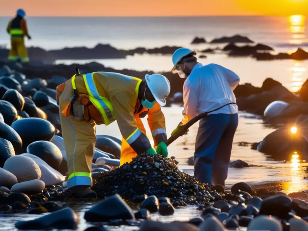 Trabajadores en equipo limpian cuidadosamente derrame Exxon Valdez, mostrando esfuerzo y dedicación en la recuperación del ecosistema.