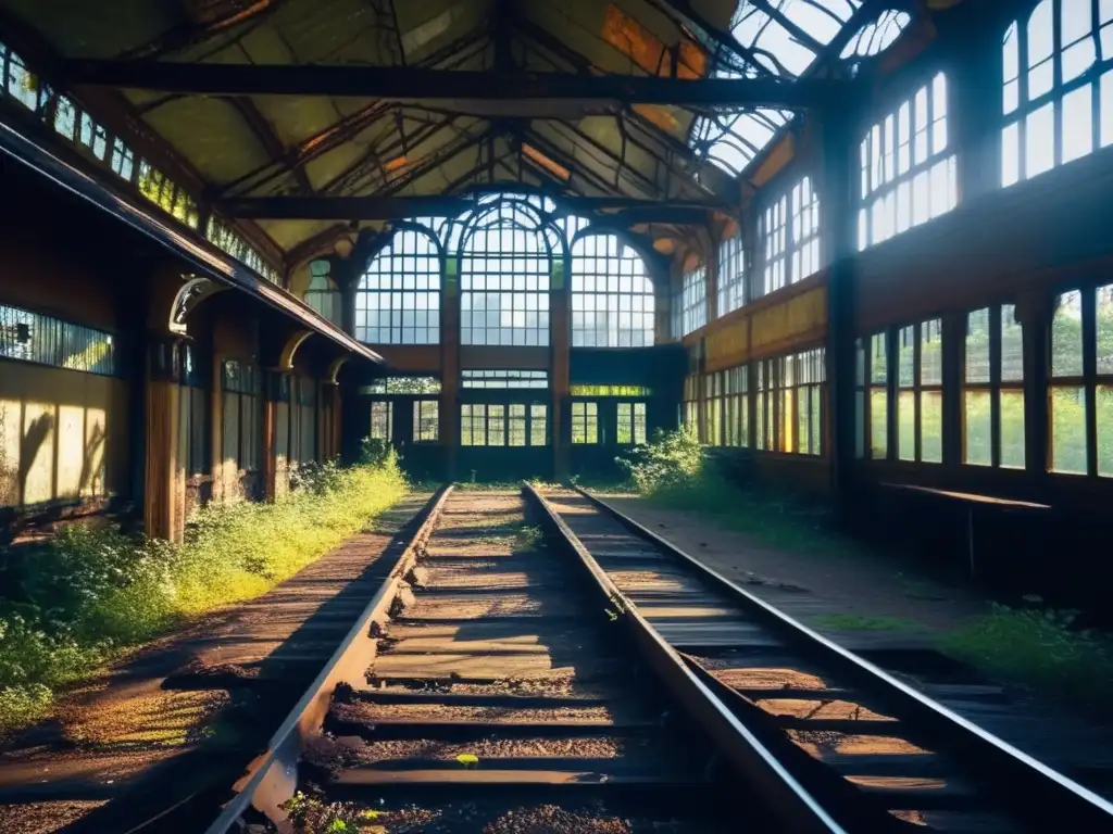 Exploración estación tren Sandon abandonada: Un escenario desolado de una estación de tren abandonada, con la luz solar filtrándose entre ventanas rotas y proyectando sombras dramáticas sobre las vías oxidadas y la plataforma cubierta de maleza. El ambiente de quietud inquietante se mezcla con