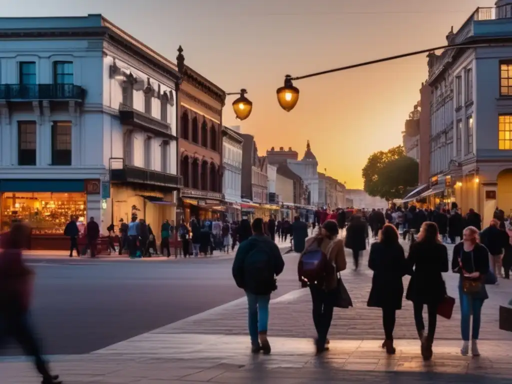 Turismo de exploración urbana respetuoso: Calle bulliciosa al anochecer, con gente diversa disfrutando del paisaje urbano iluminado por cálidas luces de la calle.