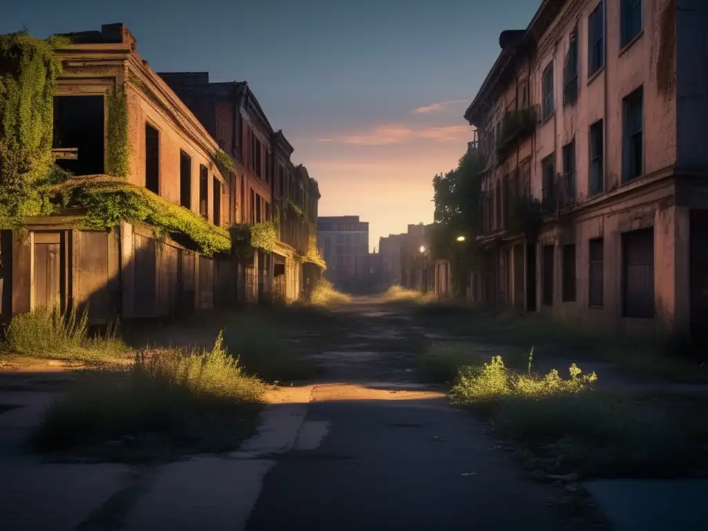 Turismo paranormal en ciudades abandonadas: una calle urbana desierta al atardecer, con sombras inquietantes y vegetación sobresaliendo.