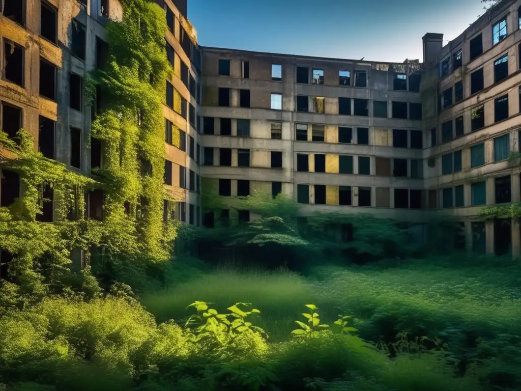 Fotografía urbana de ciudades abandonadas: Una impactante imagen de un paisaje urbano abandonado, con edificios cubiertos de vegetación, ventanas rotas y paredes llenas de grafitis. La luz dramática resalta la belleza inquietante de este escenario.