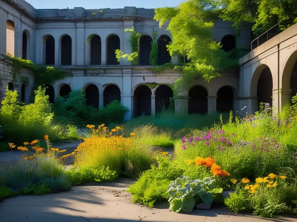 Un jardín urbano próspero en medio de las ruinas de una ciudad abandonada, con flores silvestres, árboles y vida silvestre. <b>Investigaciones ecológicas ciudades fantasmas.