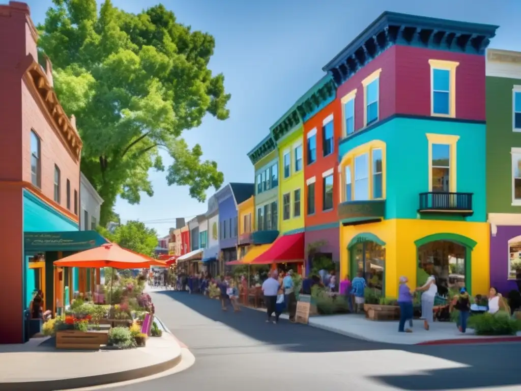 Un vecindario vibrante con murales coloridos, jardines comunitarios y mercados al aire libre. <b>Los residentes de todas las edades participan en diversas actividades, desde charlar en los escalones hasta tocar música tradicional y bailar.</b> Se percibe un espíritu comunitario y de revitalización, con edific