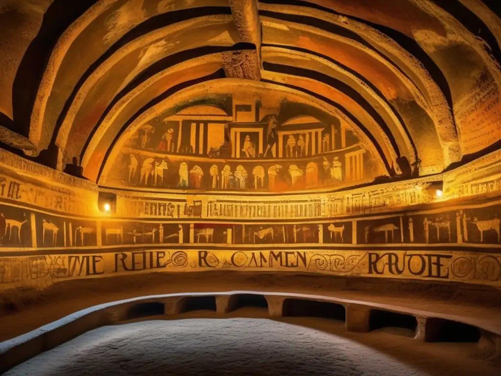 Un viaje visual a las catacumbas de Roma descubre la belleza antigua en frescos y escrituras, iluminados por juego de luces y sombras.