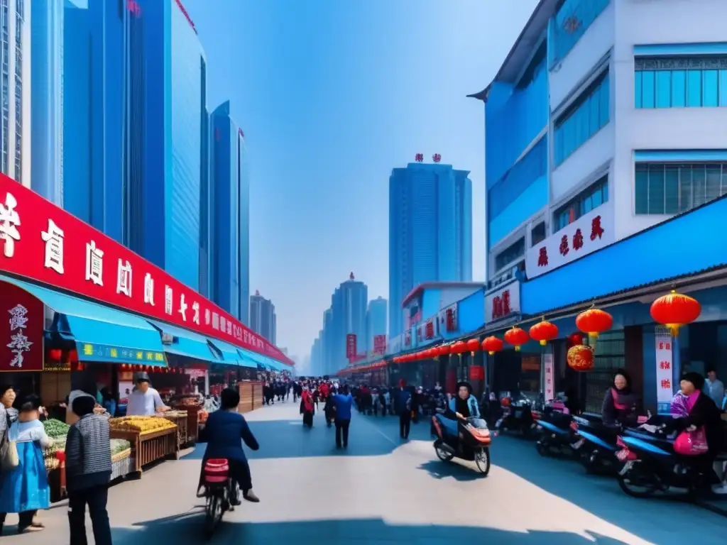 Un vibrante distrito fantasma Yingkou China, lleno de rascacielos, gente y energía, bajo un cielo azul deslumbrante.