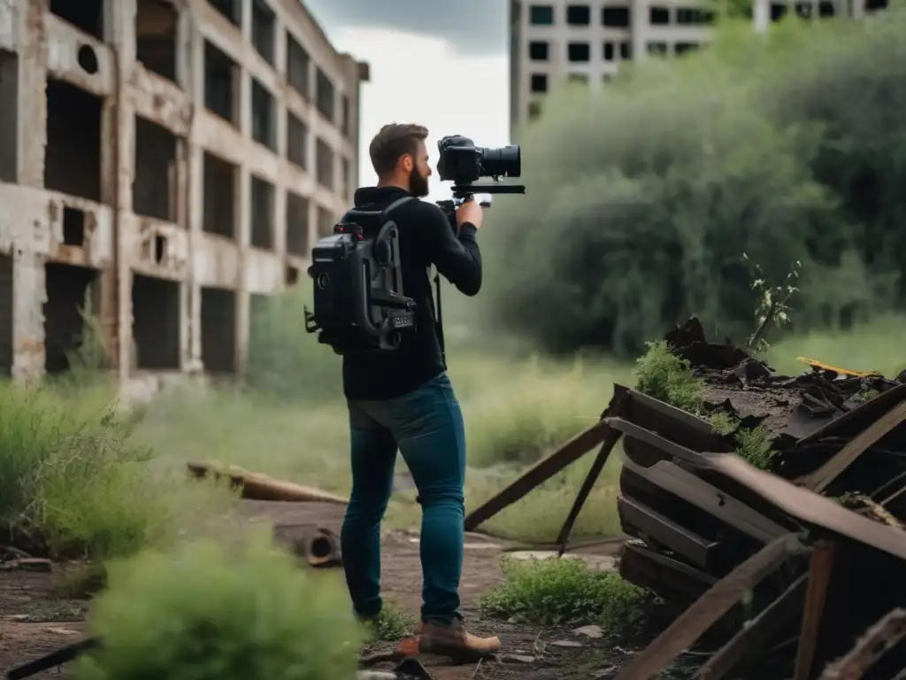 Videógrafo profesional capturando la belleza desolada Un videógrafo profesional utiliza un gimbal para video estable en terrenos abandonados, capturando la belleza inquietante del paisaje descuidado.