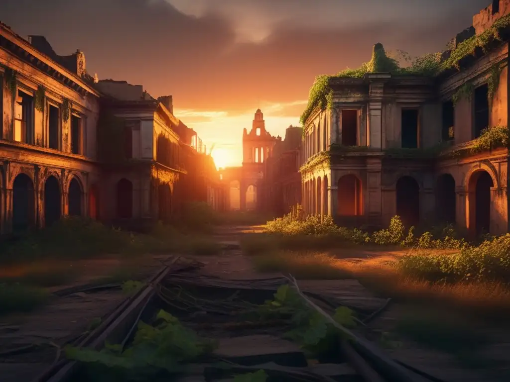 Exploración ciudades fantasma virtual: Abandonada ciudad cubierta de enredaderas al atardecer.