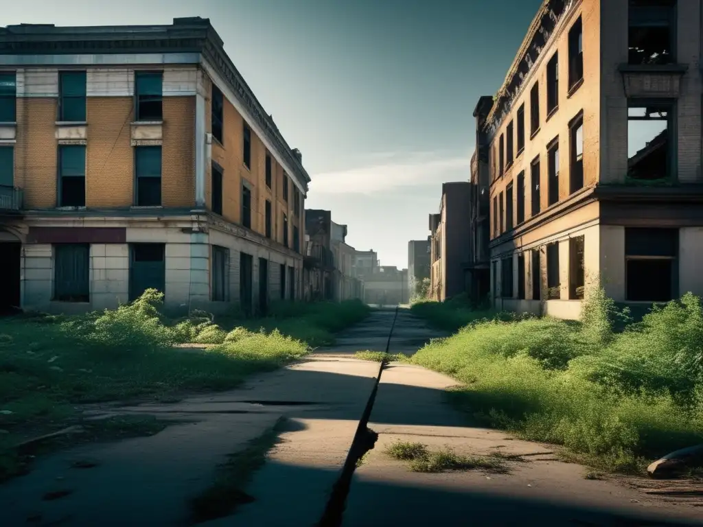 Reconstrucción virtual de ciudades abandonadas: Imagen detallada de una calle urbana abandonada con edificios en ruinas y vegetación sobrecogedora.