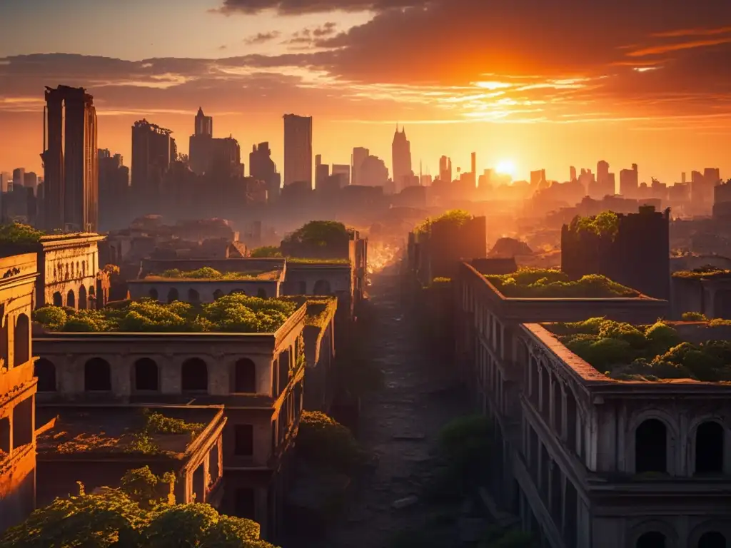 Reconstrucción virtual de ciudades abandonadas: Imagen detallada de una metrópolis desierta con rascacielos en ruinas y calles cubiertas de maleza al atardecer.