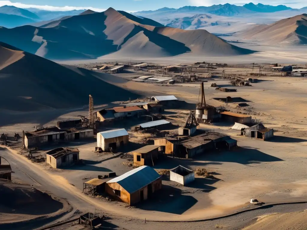 Una vista aérea de la abandonada ciudad minera de Cerro de Pasco, Perú, con edificios en ruinas y equipos industriales oxidados esparcidos en el paisaje desolado, contrastando con las imponentes montañas andinas.