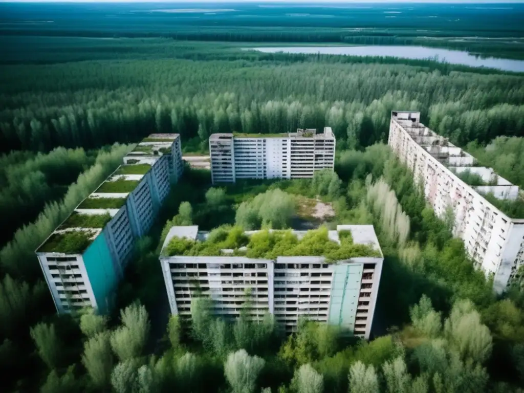 Vista aérea de Pripyat abandonada, donde la naturaleza reclama su lugar. <b>Contraste entre la ciudad y la naturaleza.</b> <b>Desarrollo sostenible en Pripyat.