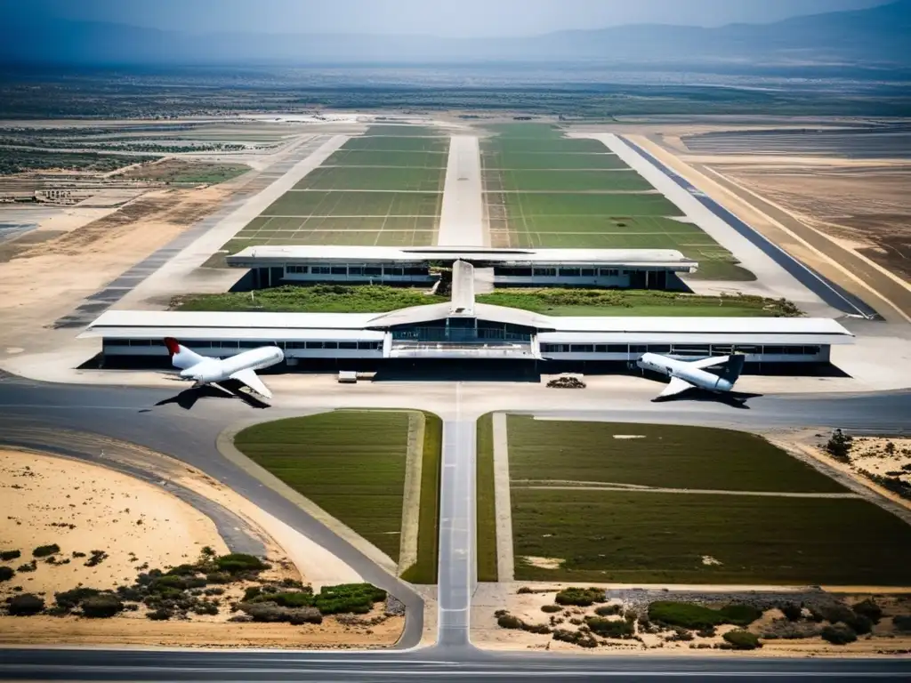 Vista aérea del abandonado aeropuerto de Nicosia en Chipre, con pistas deterioradas y edificios desolados, evocando una sensación de abandono y misterio.