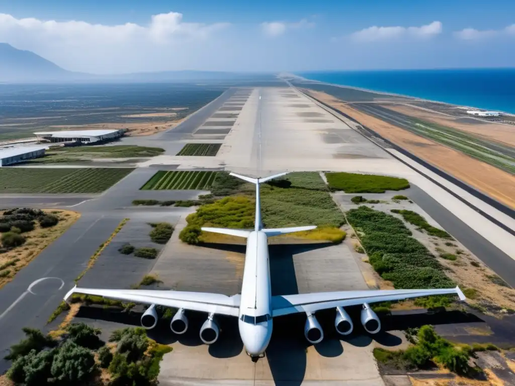 Vista aérea del abandonado aeropuerto de Nicosia en Chipre, con pistas y edificios en ruinas rodeados de vegetación. El paisaje desolado muestra restos de aviones, evocando la historia tumultuosa y el estado de abandono.