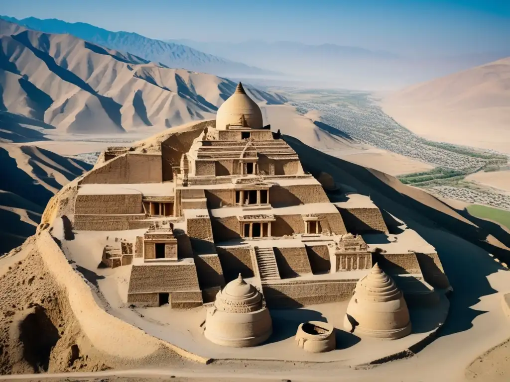 Vista aérea en alta resolución del sitio arqueológico Mes Aynak en Afganistán, revelando su legado perdido entre montañas.