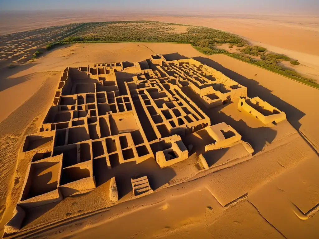 Vista aérea de la antigua ciudad abandonada Gonur Tepe, revelando sus secretos en medio del paisaje desértico al atardecer.