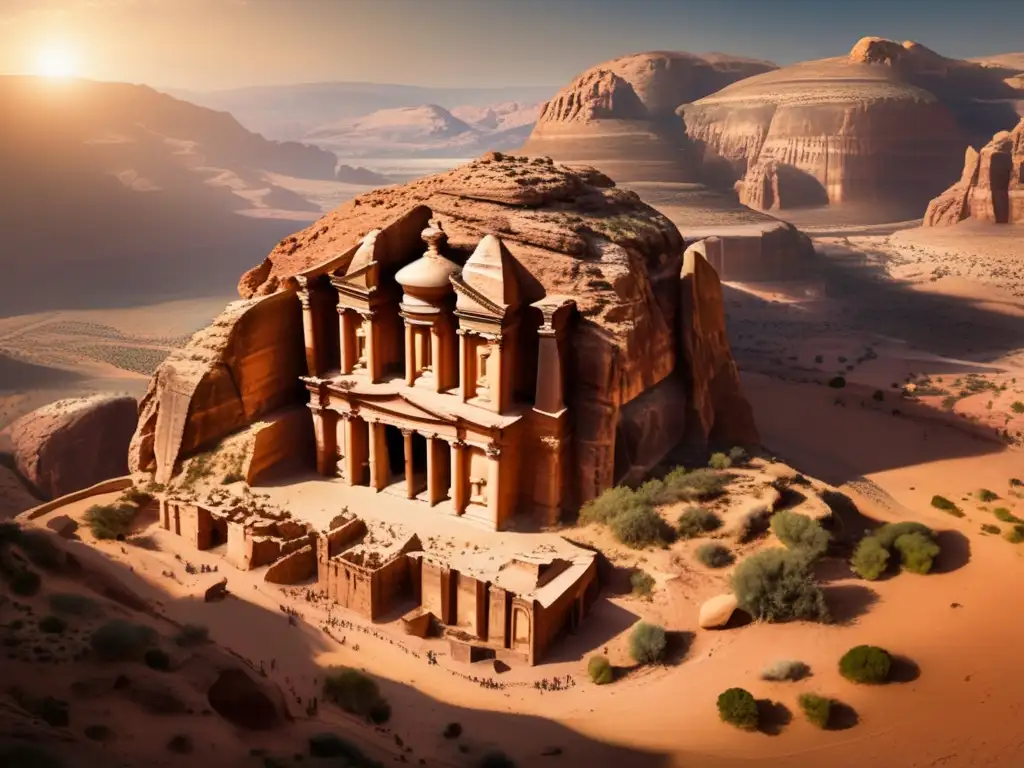 Vista aérea de la antigua ciudad de Petra misterio, con sombras dramáticas y detalles arquitectónicos.