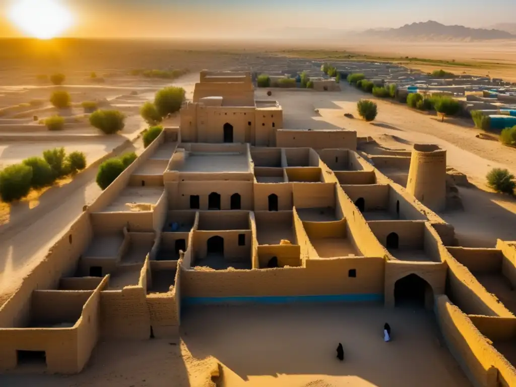 Vista aérea de la antigua ciudad de Balkh, desiertos y ruinas, con una figura solitaria. <b>Captura la belleza y la historia de Balkh ciudad fantasma Afganistán.