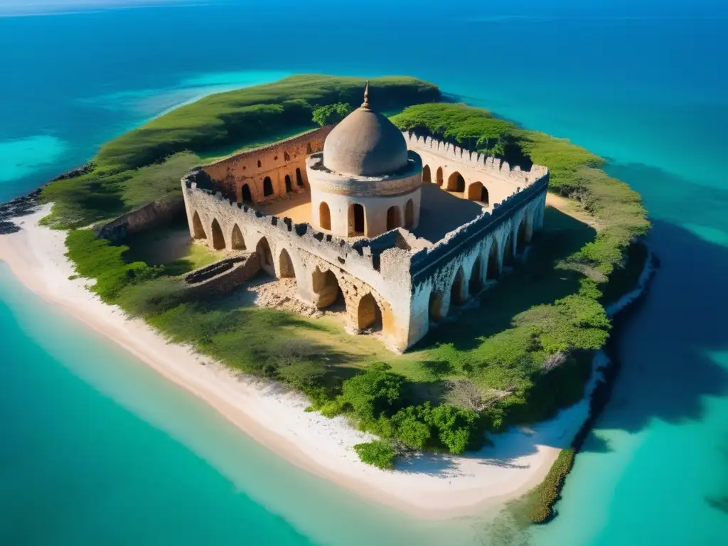 Vista aérea de las antiguas ruinas de Kilwa Kisiwani en Tanzania, resaltando la belleza de este tesoro escondido.