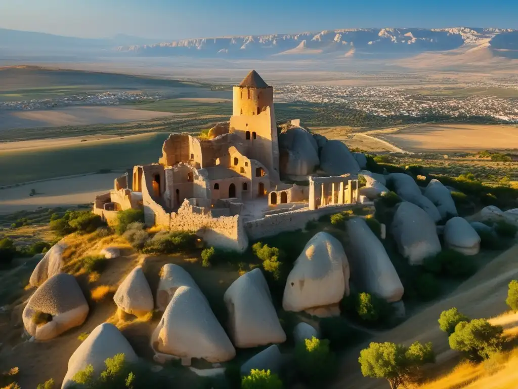 Vista aérea de las antiguas ruinas de Tyana en Capadocia, con estructuras de piedra y paisaje natural impresionante.