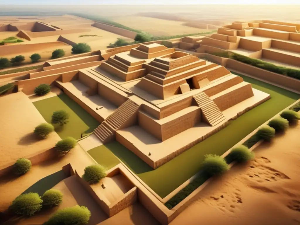 Una vista aérea de alta resolución de las antiguas ruinas de Mohenjo-Daro, revelando su intrincado diseño urbano y arquitectónico. <b>La suave luz del sol resalta los Misterios de la civilización del valle Indo.