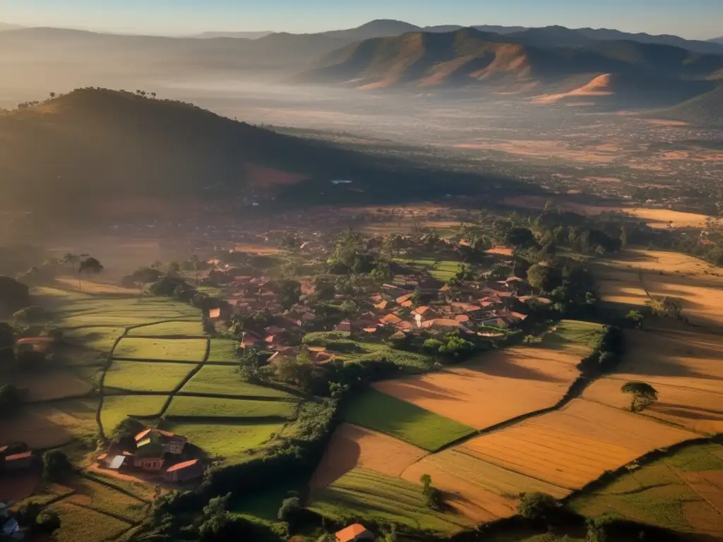 Ruinas coloniales de Antsirabe: belleza abandonada Vista aérea de Antsirabe, Madagascar: ciudad fantasma abandonada con arquitectura colonial y paisaje sobrecogedor al atardecer.