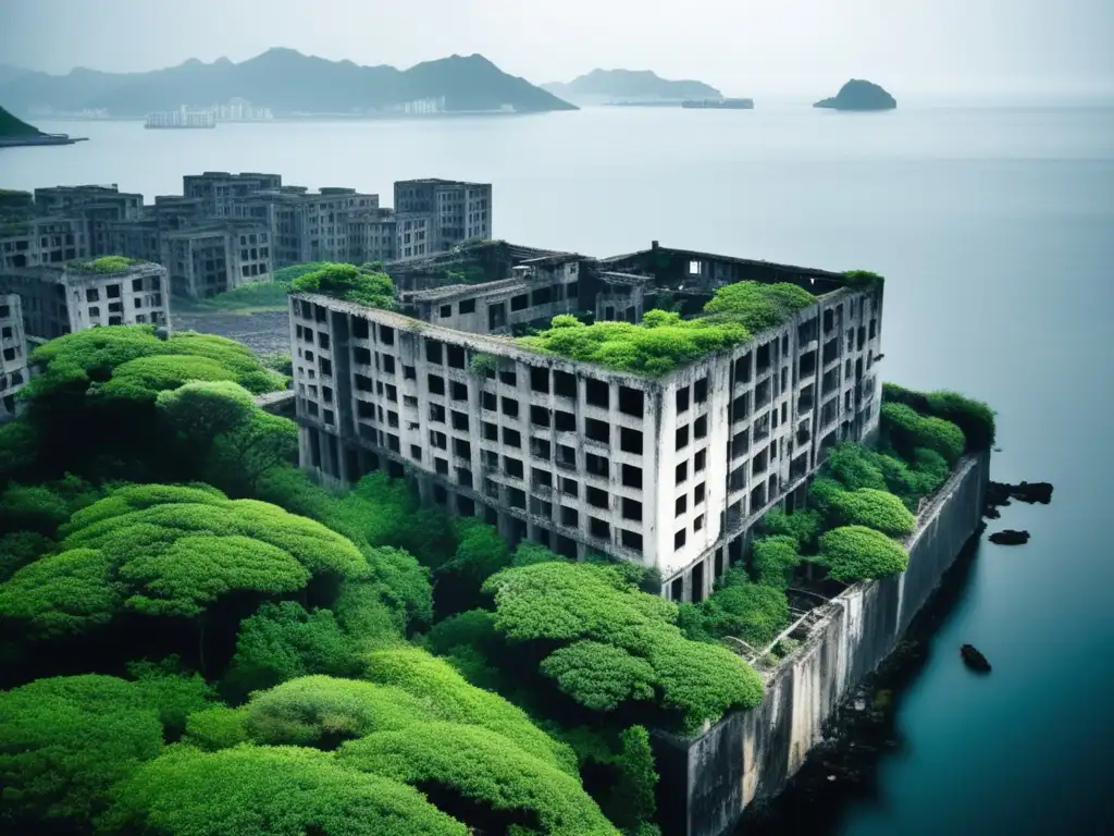 Vista aérea en blanco y negro de la abandonada Isla Hashima, rodeada por aguas oscuras. La neblina y la vegetación añaden misterio a la desolación, mostrando la maldición de Hashima Japón olvidó.