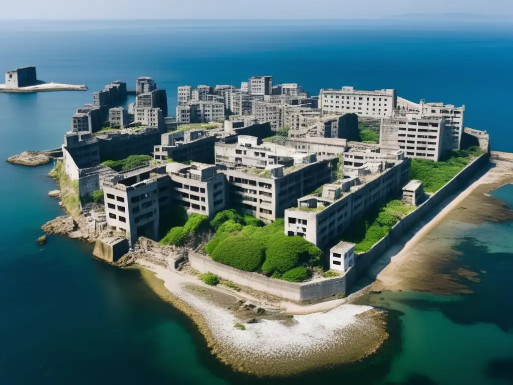 Vista aérea en blanco y negro de la Isla fantasma de Japón Hashima, con sus edificios abandonados y la naturaleza reclamando su lugar. La atmósfera misteriosa y fantasmal invita a explorar las historias no contadas de este enigmático lugar.