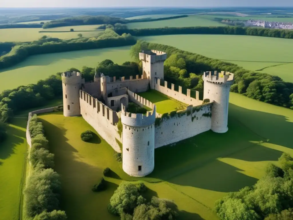 Vista aérea de un castillo medieval abandonado reconvertido en base militar, mostrando la exploración de la historia y la evolución del tiempo.