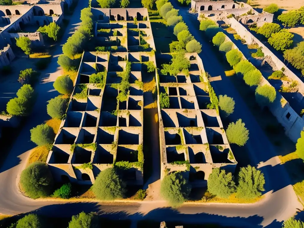 Una vista aérea de alta resolución de la ciudad abandonada de Agdam en NagornoKarabaj, con calles desoladas, edificios en ruinas y una atmósfera fantasmal.