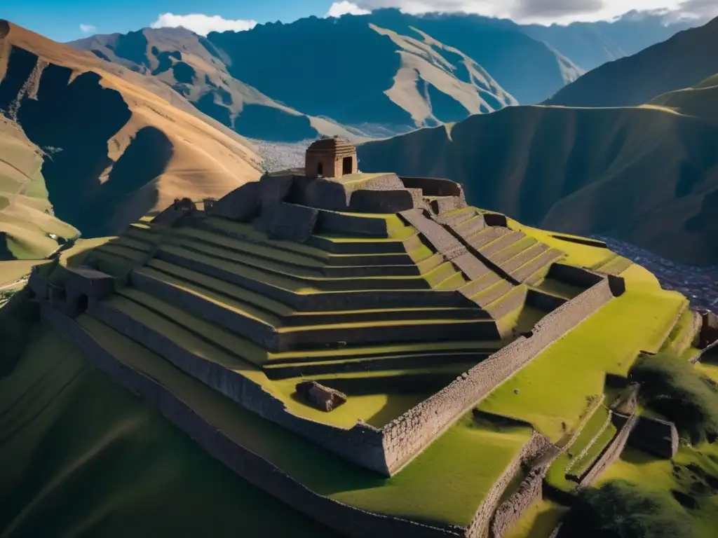 Vista aérea en 8k de la ciudad abandonada Chavín Perú, mostrando la arquitectura y el paisaje enigmático de esta antigua ciudad andina.