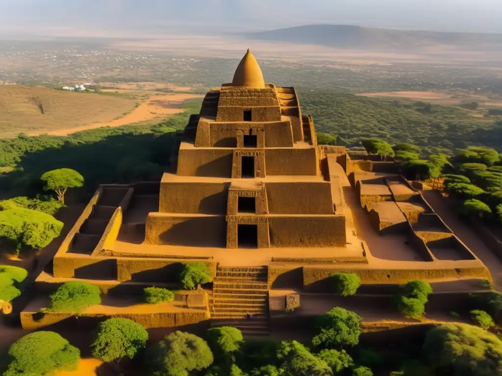 Vista aérea de la ciudad de Aksum en Etiopía con obeliscos, exudando historia y misterio en la luz dorada del atardecer.